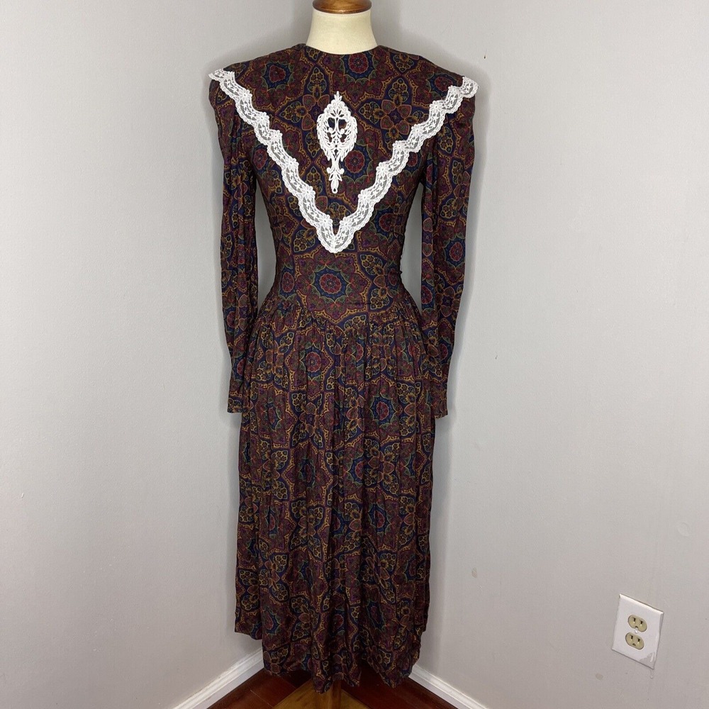 Vtg 80s Gunne Sax Dress Jessica McClintock Navy Paisley Garden Lace Collar Sz 7